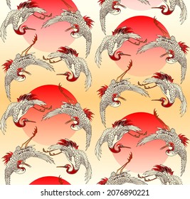 Vector seamless pattern of flying paired cranes over a rising sun in the style of asian traditional prints.