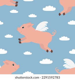 Vector seamless pattern with flying pigs characters with wings in cartoon style. Vector background with flying piggies under the clouds