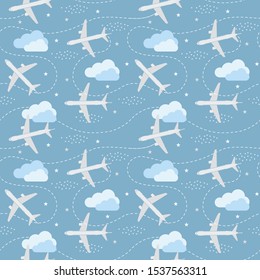 Vector Seamless Pattern with Flying Planes, Sky, Clouds ans Stars. Travel Illustration for Use in Design, Textule, Fabric.