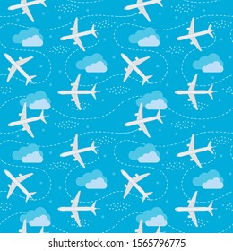 Vector Seamless Pattern with Flying Planes, Sky, Clouds ans Stars. Travel Illustration for Use in Design, Textule, Fabric.