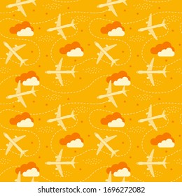 Patrón de vectores sin problemas con aviones voladores, cielo, nubes y estrellas. Ilustración de viaje para uso en diseño, textil, tejido