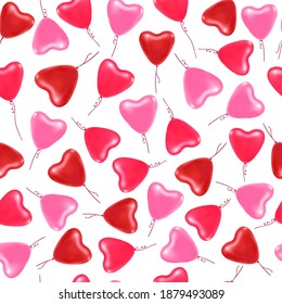 Vector seamless pattern with flying red and pink balloon hearts on white background. Festive endless template for Birthday, Valentines Day, party, wedding. Romantic pattern with hearts.