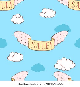 Vector seamless pattern. Flying scrolls with wings. "Sale". Blue background with clouds.