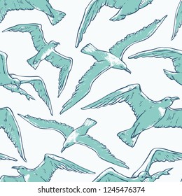 Vector seamless pattern flying seagulls. Bird gull angler outline sketch monochrome turquoise illustration isolated on white background for design on marine theme.
