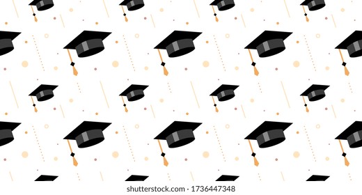 Vector seamless pattern with flying shine graduate cap with tassel and on white background in frame. Congratulation graduate class of graduation. Flat style design of greeting card, banner, invitation