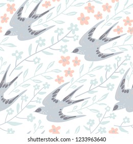 vector seamless pattern with flying swallows and abstract blooms