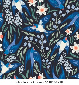 Vector seamless pattern with flying swallows and spring flowers: narcissuses, hyacinths and muscari