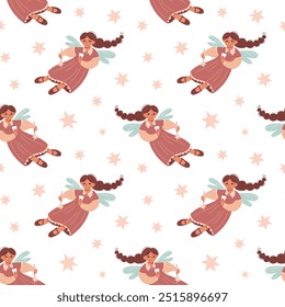 Vector seamless pattern with flying tooth fairies and stars. Fairytale wallpaper. Repeat texture with fantasy cute girls with wings. Ornament for kids textile.