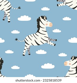 Vector seamless pattern with flying zebra characters in cartoon style. Vector background with flying zebras under the clouds	
