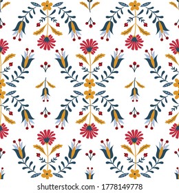 Vector seamless pattern of Folk art floral in Scandinavian and Nordic style on white background. Blue and red flower print.