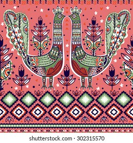 vector  seamless pattern with folk birds and geometric ornaments