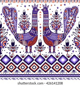 vector seamless pattern with folk birds and ornaments
