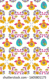 Vector seamless pattern with folk easter symbols: chickens, eggs, spring flowers for wrapping paper, cards, greeting and another design