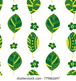 Vector seamless pattern in folk Scandinavian style. Green foliage with yellow streaks on white background. Wallpaper or gift wrap for packaging.