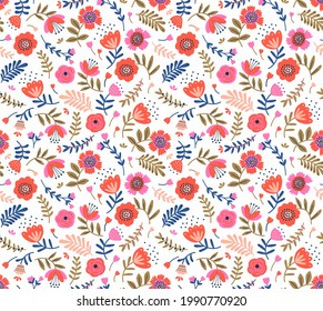 Vector seamless pattern. Folk pattern in small flowers. Small red and pink flowers. White background. Ditsy floral background. The elegant the template for fashion prints. Stock vector.
