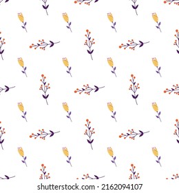 Vector seamless pattern in folk style with cute flowers. Folklore vector graphics with colorful flowers and berries
