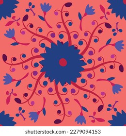 Vector seamless pattern in folklore style. Inspired by traditional Mexican Otomi embroidery. Floral and animal elements, vibrant colors