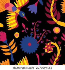 Vector seamless pattern in folklore style. Inspired by traditional Mexican Otomi embroidery. Floral and animal elements, vibrant colors