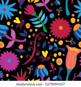 Vector seamless pattern in folklore style. Inspired by traditional Mexican Otomi embroidery. Floral and animal elements, vibrant colors