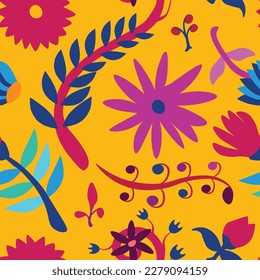 Vector seamless pattern in folklore style. Inspired by traditional Mexican Otomi embroidery. Floral and animal elements, vibrant colors