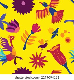 Vector seamless pattern in folklore style. Inspired by traditional Mexican Otomi embroidery. Floral and animal elements, vibrant colors