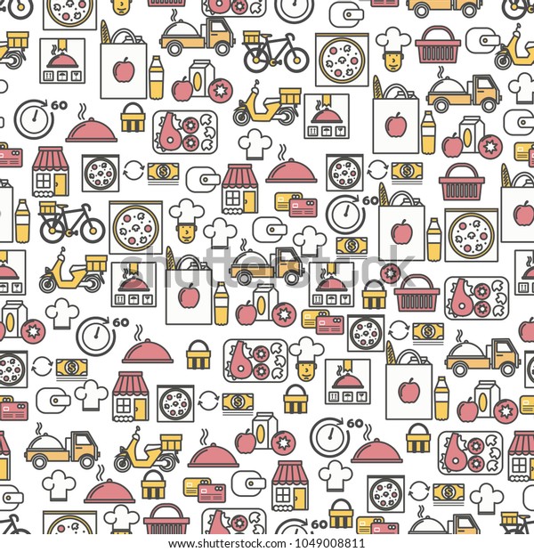 Vector seamless pattern with food delivery\
symbols, icons. Meal delivery service background, wrapping paper\
texture thin line art flat style\
design.