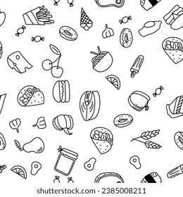 Vector, seamless pattern with food doodles.
