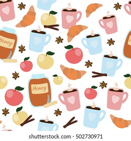 vector seamless pattern with food and drink - tea, croissants, honey, apples, cinnamon, anise, orange