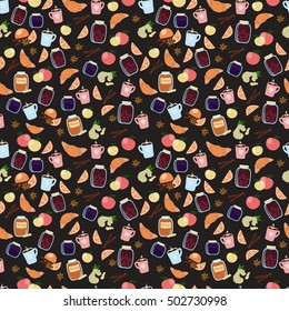 vector seamless pattern with food and drink - tea, croissants, honey, apples, cinnamon, anise, orange