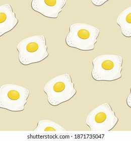 patrón vectorial sin fisuras con patrón alimentario. Huevos fritos en el fondo amarillo, vista superior. Tortilla de huevos revueltos
