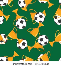 Vector seamless pattern of football ball and champion cup on green background. Poster soccer template. Design for web page backgrounds, fabric, wallpaper, textile, invitations, gift, flyers, brochures