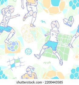 Vector seamless pattern with football players. Women's sport, soccer ball, girl athletes. Colored background with balls and girls soccer players for textiles.
