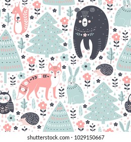 Vector seamless pattern with forest animals: fox, bear, rabbit, squirrel, hedgehog, owl on white background.