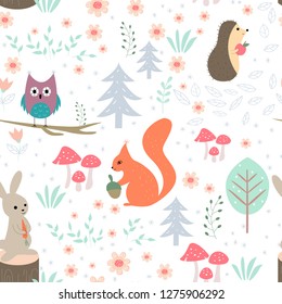 Vector seamless pattern, forest animals illustration, owl, squirrel, rabbit, hedgehog, mushrooms, the trees and flowers in cartoon style.