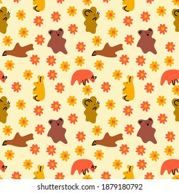 Vector seamless pattern. forest animals among flowers in doodle style. Warm color scheme. Pattern for textiles, wrapping paper, wallpaper in the nursery and much more.