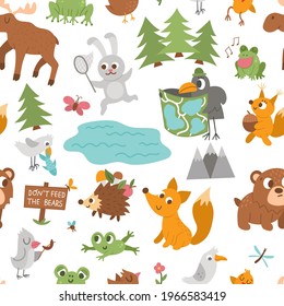 Vector seamless pattern with forest animals, insects and birds. Funny woodland campfire digital paper. Cute forest repeat background for kids with mountains, trees, moose, frog, bear, squirrel

