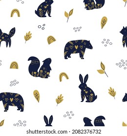 Image vectorielle motif harmonieux d'ours, d'écureuils, de lapin, de renard dans le style scandinave