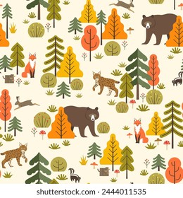 Vector sin fisuras patrón de animales forestales, árboles, arbustos, hongos y bayas. Diseño de patrón de superficie de paisaje de bosque de otoño.