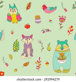 Vector seamless pattern with forest animals: owl, wolf, bear