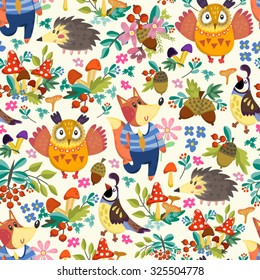 Vector seamless pattern of forest animals and butterflies. Endless background.  Use for wallpaper,pattern fills, web page background.