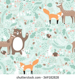 Vector seamless pattern, forest animals illustration, bear, deer, fox, rabbit, bird, hedgehog.