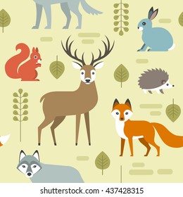 Vector seamless pattern with forest animals: deer, fox, rabbit, hedgehog, wolf and squirrel isolated on background.