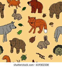 vector seamless pattern of forest animals: fox, bear, rabbit, wolf, hedgehog, squirrel,boar, twigs, mushrooms, leaves