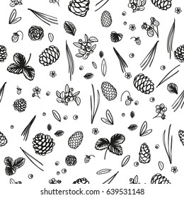 Vector seamless pattern. Forest background. Cones, blueberries, strawberries, flowers.