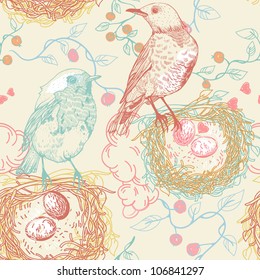 vector seamless pattern with forest birds and nests