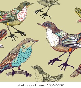 vector seamless pattern with forest birds