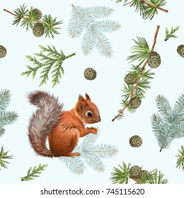 Vector seamless pattern with forest branches, squirrel on white. Highly detailed winter background design for Christmas, new year, festive products. Best for wrapping paper, fabric, wall paper