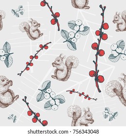 Vector seamless pattern with forest branches, berries and squirrel. Highly detailed winter background design for Christmas, new year, festive products. Best for wrapping paper, fabric, wall paper