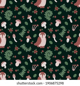 Vector seamless pattern with forest elements. Dark background with owl, mushrooms, ferns, berries. Kids illustration for fabrics, textiles, wrapping paper, decorations.