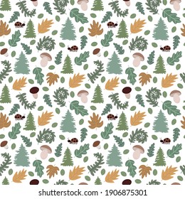 Vector seamless pattern with forest elements. Pastel background with porcini mushrooms, fern, colorful leaves, spruce, ladybirds. Illustration for fabrics, textiles, wrapping paper, decorations.